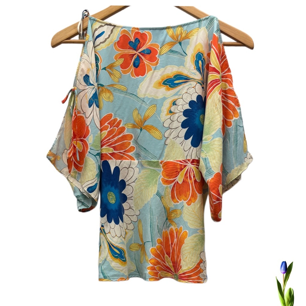 Y2K Express 100% Silk colorful blouse with open sleeves and flowers size 7/8 - Picture 3 of 7